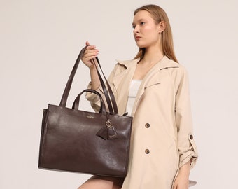 Genuine Leather Shoulder Bag with Laptop Compartment - Bitter Brown