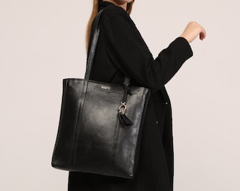 Genuine Leather Shoulder Bag with Multi-Compartment - Black