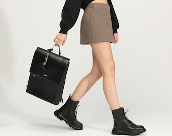 Genuine Leather Backpack With Laptop Compartment - Black