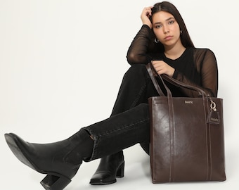 Genuine Leather Shoulder Bag with Multi-Compartment - Bitter Brown