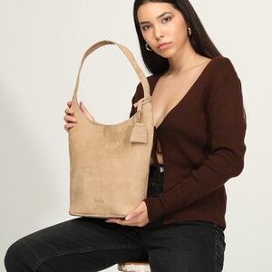 Nubuck Leather Hobo Bag Sand image 6