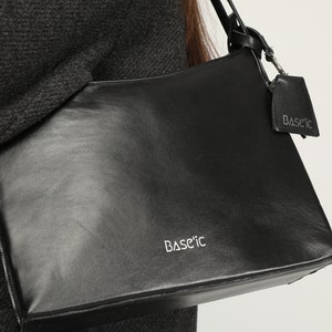 Genuine Leather Shoulder Bag With Flap Detail Black image 7