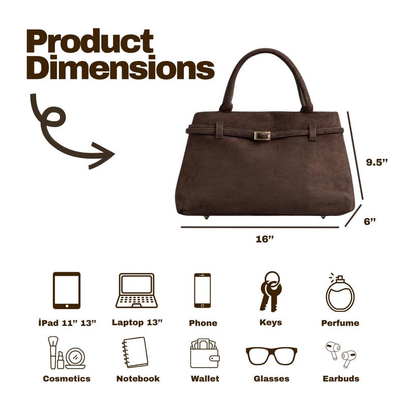 Puede incluir: Un bolso marr&oacute;n con asa superior y detalle de cintur&oacute;n. El bolso mide 40.6 cm de ancho, 24.1 cm de alto y 15.2 cm de profundidad. La imagen tambi&eacute;n muestra iconos de elementos que pueden caber dentro, incluyendo una tableta, un port&aacute;til, un tel&eacute;fono, llaves, perfume, cosm&eacute;ticos, un cuaderno, una cartera, gafas y auriculares.
