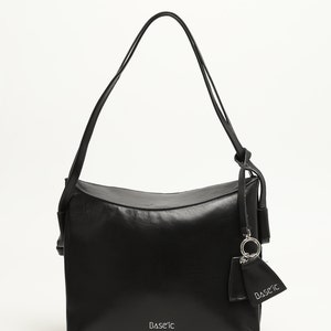 Genuine Leather Shoulder Bag With Flap Detail Black image 3