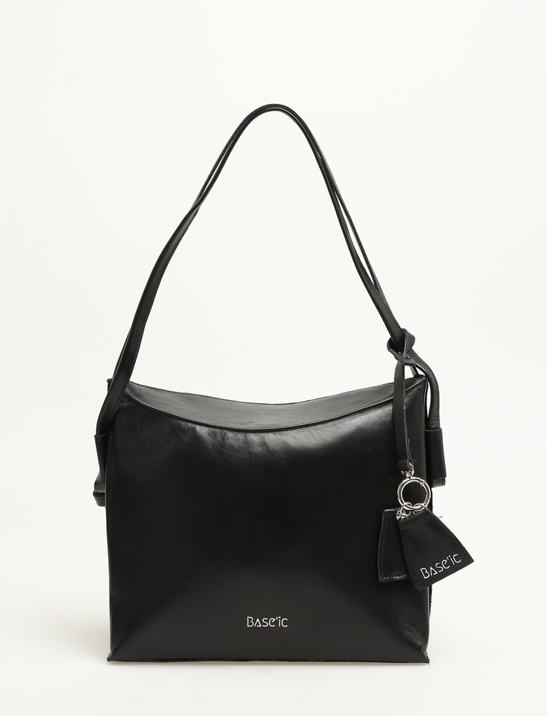 Genuine Leather Shoulder Bag With Flap Detail Black image 3