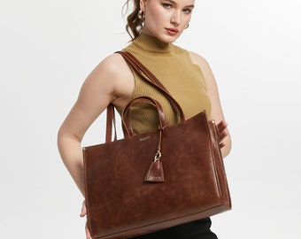 Genuine Leather Shoulder Bag with Laptop Compartment - Brown
