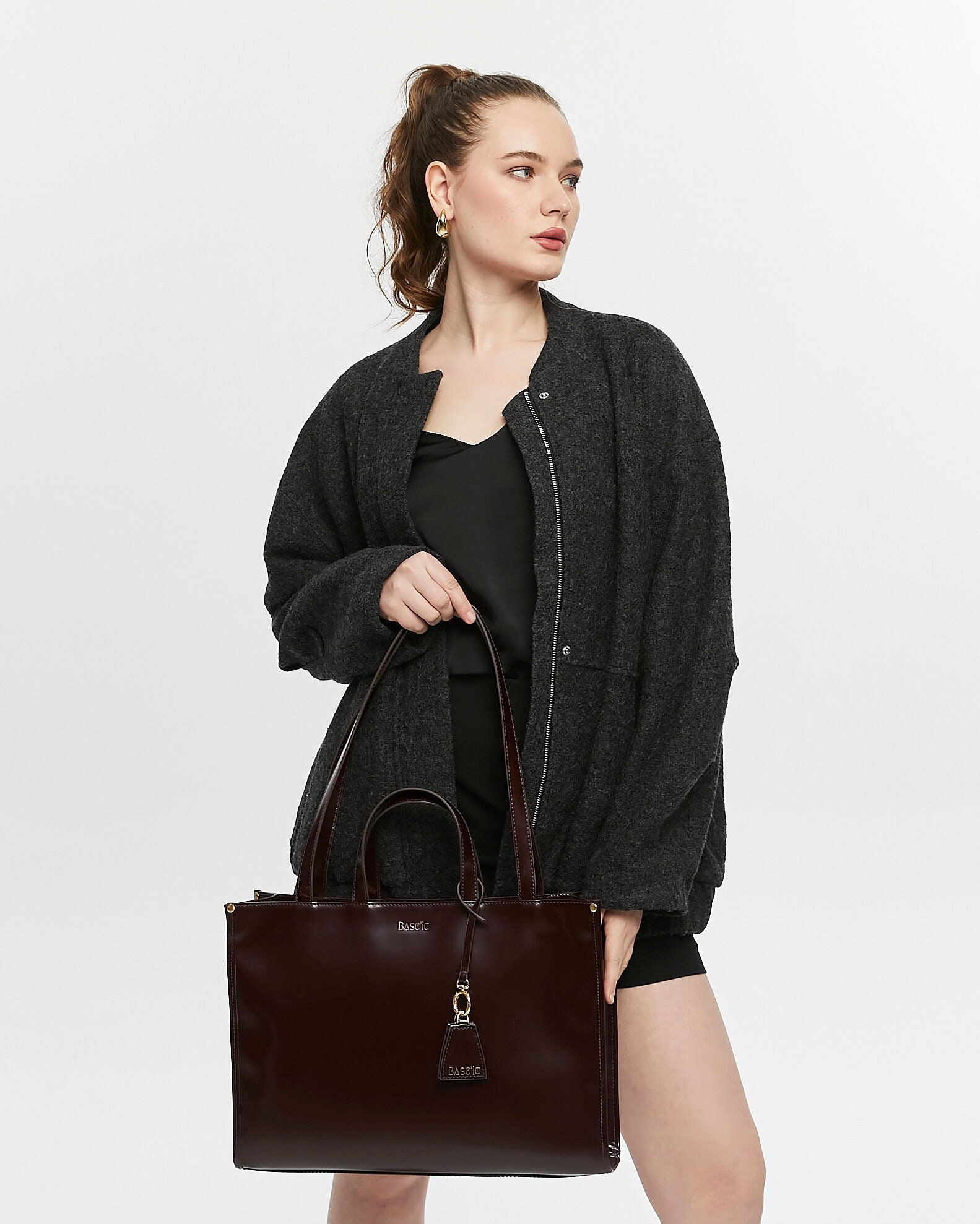 Genuine Leather Shoulder Bag with Laptop Compartment - Dark Brown