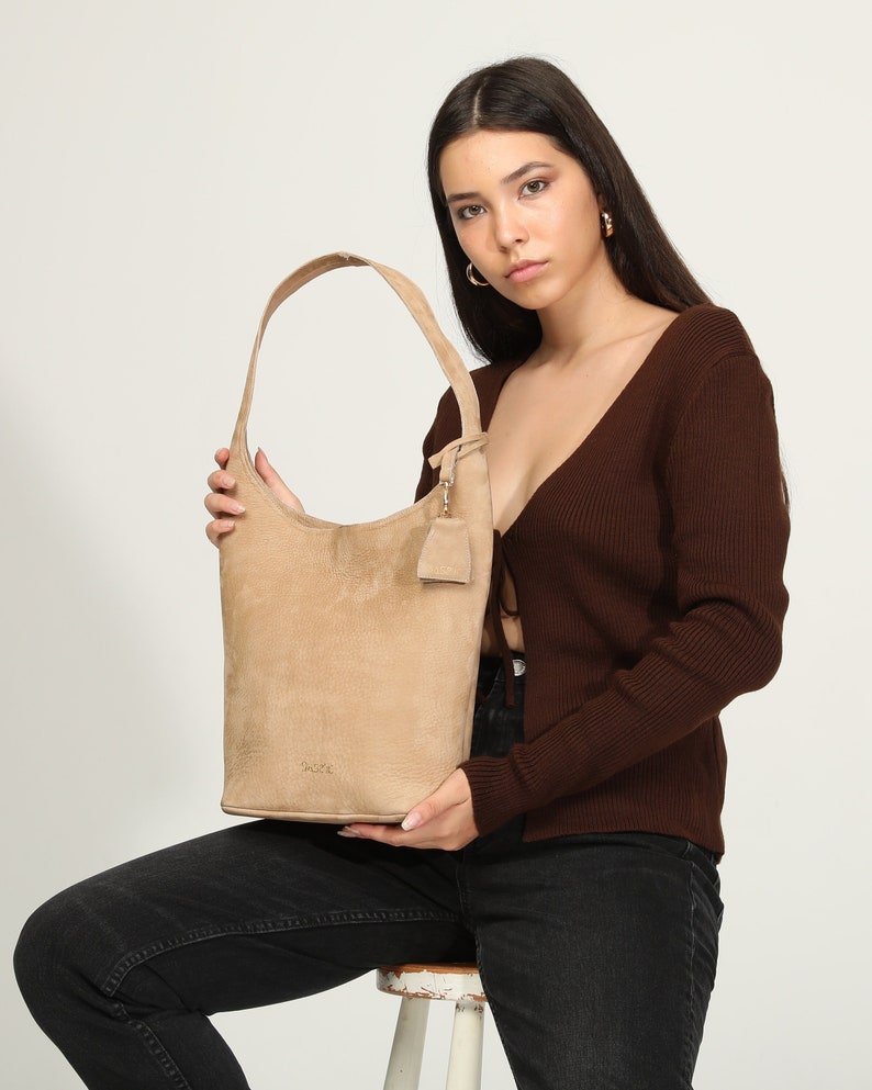 Nubuck Leather Hobo Bag Sand image 6