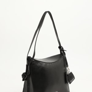 Genuine Leather Shoulder Bag With Flap Detail Black image 4