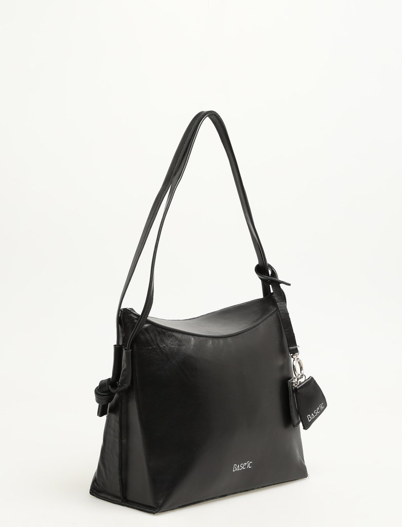 Genuine Leather Shoulder Bag With Flap Detail Black image 4