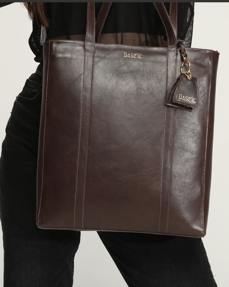 Genuine Leather Shoulder Bag with Multi-Compartment Bitter Brown image 6