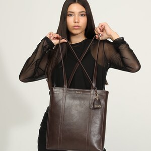 Genuine Leather Shoulder Bag with Multi-Compartment Bitter Brown image 5