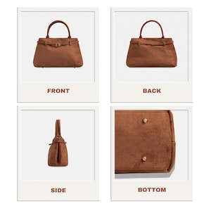 Puede incluir: Un bolso de mano marr&oacute;n con asa superior y forma rectangular. El bolso tiene un cierre de solapa con hebilla y una textura similar al ante. El bolso se muestra de frente, de espalda, de lado y de abajo.