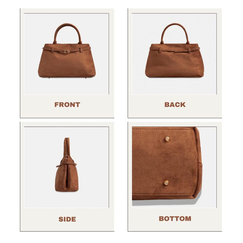 Puede incluir: Un bolso de mano marr&oacute;n con asa superior y forma rectangular. El bolso tiene un cierre de solapa con hebilla y una textura similar al ante. El bolso se muestra de frente, de espalda, de lado y de abajo.