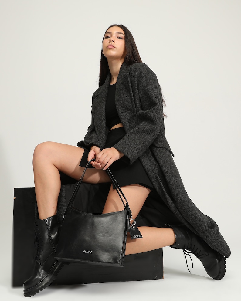 Genuine Leather Shoulder Bag With Flap Detail Black image 6