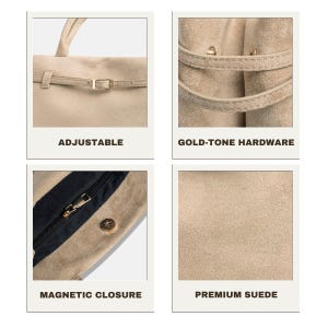 Puede incluir: Un bolso de mano de ante beige con herrajes dorados. Incluye una correa ajustable, cierre magn&eacute;tico y material de ante de primera calidad. Tambi&eacute;n se muestra el texto "ADJUSTABLE", "GOLD-TONE HARDWARE", "MAGNETIC CLOSURE" y "PREMIUM SUEDE".