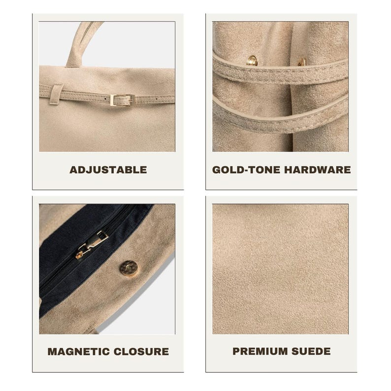Puede incluir: Un bolso de mano de ante beige con herrajes dorados. Incluye una correa ajustable, cierre magn&eacute;tico y material de ante de primera calidad. Tambi&eacute;n se muestra el texto "ADJUSTABLE", "GOLD-TONE HARDWARE", "MAGNETIC CLOSURE" y "PREMIUM SUEDE".