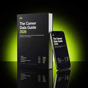 May include: A black book titled The Career Data Guide 2026 with white and lime green text, positioned next to a smartphone displaying the same cover design. The book cover lists career rankings, pay, growth, and AI exposure data.