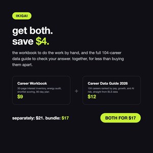 May include: A black digital graphic featuring the text IKIGAI, get both. save $4., and a description of a Career Workbook and Career Data Guide 2026. The graphic outlines a bundle offer for these two career planning resources with pricing details.