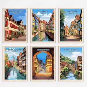 Elsass Reise Poster Set - 6er SET - Colmar, Éguisheim, Kaysersberg, Ribeauvillé, Riquewihr und Straß