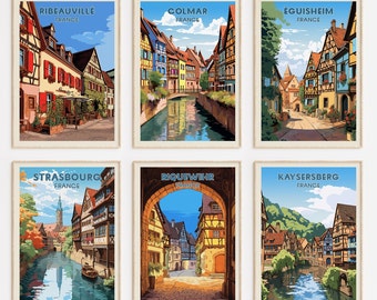 Alsace Travel Poster Set - SET OF 6 - Colmar, Éguisheim, Kaysersberg, Ribeauvillé, Riquewihr and Strasbourg