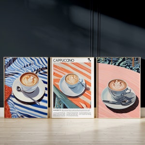 Cappuccino Kaffee Druck - 3er SET - Kaffee Poster, Küchen Wandkunst, Italienisches Caffe Poster im Retro-Stil, Geschenk für Kaffeeliebhaber