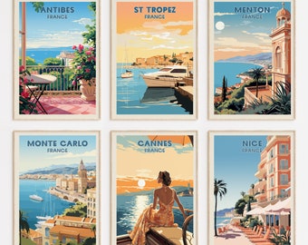 Conjunto de carteles de viaje de la Riviera Francesa - SET DE 6 - Antibes, Cannes, Menton, Monte Carlo, Niza, St Tropez, Costa Azul