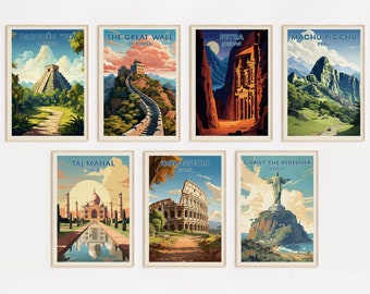 7 Wonders of the World Poster - Petra, Taj Mahal, Colosseum, Chichén Itzá, The Great Wall of China, Machu Picchu, Christ the Redeemer