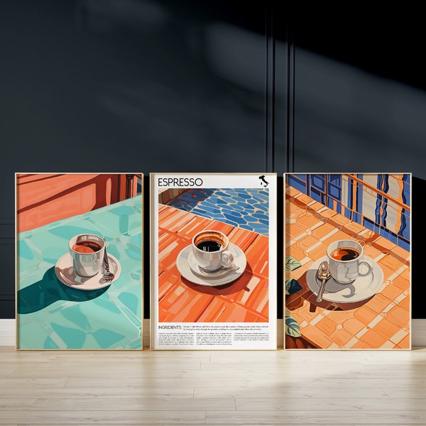 Espresso Coffee Print - SET OF 3 - Coffee Poster, Kitchen Wall Art, Retro Style Italian Caffe Poster, Framed Coffee Lovers Gift