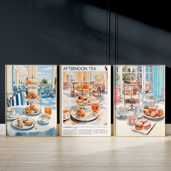 Afternoon Tea Poster - SET OF 3 - British Tea and Scones Poster , English Food Poster, Kitchen Print, Kitchen Decor, Baking Poster