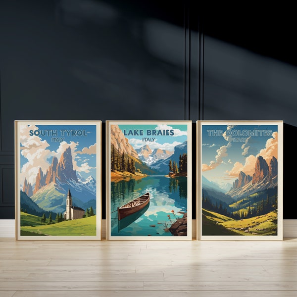 The Dolomites, Lake Braies and South Tyrol Travel Poster - SET OF 3 - Digital Download