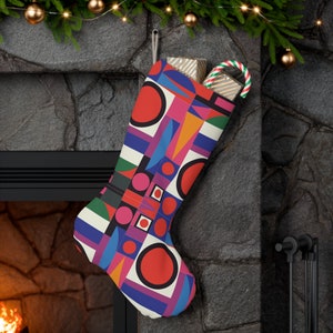 Mid Century Modern Christmas Decor Stocking, Bauhaus Art Design, Geometric Pattern Santa Stocking