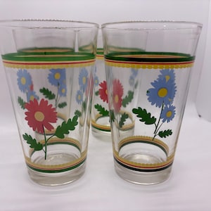 1970's Vintage Hazel Atlas Pink & Blue Daisies Juice Glasses {SET OF 4}