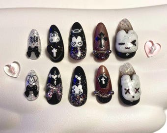 Bunny Jirai Kei Nurse Spooky Cross Halloween Edgy Goth Kawaii Press On Nails Handmade