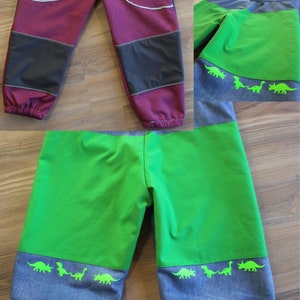 Könnte beinhalten: Eine grüne und blaue Kinderhose mit einem Dinosaurier-Druck am unteren Rand. Die Hose hat oben ein burgunderfarbenes und schwarzes Farbblock-Design.