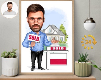 Realtor Caricature Gift, Custom Real Estate Agent Portrait, Real Estate Templates Marketing, Realtor Logo Svg Retirement Birthday Gift ideas