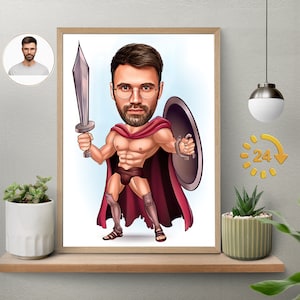 Personalized Gladiator Cartoon Portrait, Custom Gladiator Caricature Drawing from Photo, Funny Gladiator Caricature, Gift for Dad