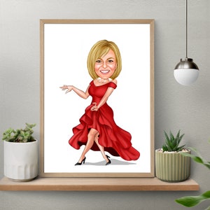 Custom Woman in Red Dress Caricature - Personalized Fashion Portrait Gift for Her. Elegant, Stylish, and Chic Art Celebrating Unique gift
