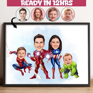 Custom Superhero Family Cartoon Portrait, Custom Family Portrait,Personalized Family Caricature,Gift for Family,Superhero Caricature -99