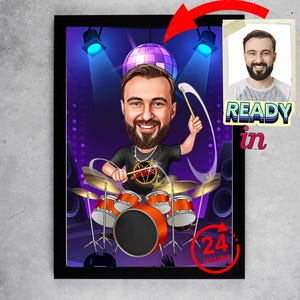 Personalized Drummer Cartoon Portrait, Drummer Caricature, Drummer Gift, Drummer Cartoon, Drummer Caricature from Photo, Funny Drummer Draw