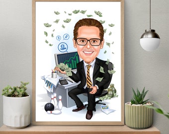 Personalized Male Investor Cartoon Portrait, Unique Financial Gift with Custom Caricature, Digital Download for Finance Enthusiasts