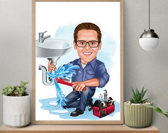 Custom Plumber Cartoon Portrait, Funny Caricature, Plumber Gift, Plumber Cartoon, Plumber Caricature from Photo, Funny Plumber Gift