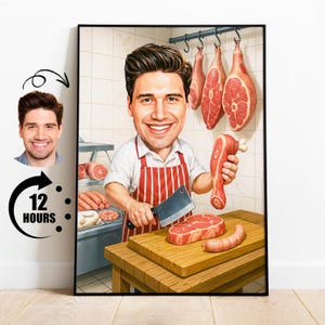 Gift for Butcher, Custom Butcher Caricature from Photo, Funny Butchery Portrait, Personalized Sausage Maker Cartoon Art