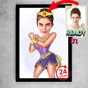 Custom Super Woman Cartoon Portrait, Woman Portrait, Woman Gift, Super Woman Caricature, Superhero Caricature Drawing, Caricature from Photo