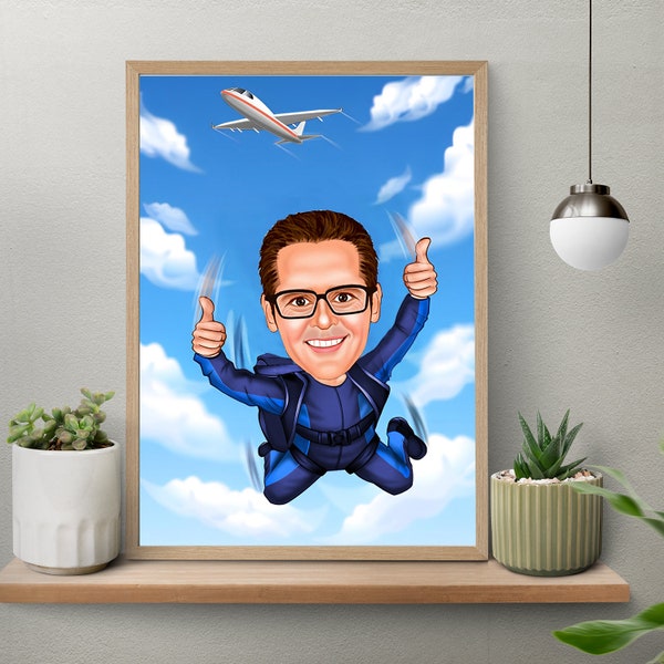 Custom Skydiver Cartoon Portrait, Skydiver Caricature, Skydiver Gift, Funny Skydiver Caricature, Skydiving Portrait, Caricature from Photo