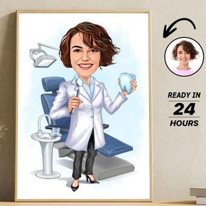 Personalized Female Dentist Cartoon Portrait, Custom Female Dentist Caricature Drawing Photo, Funny Dentist Caricature, Gift for Dentist