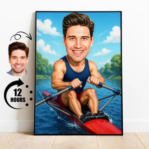 Gift for Rower, Custom Rowing Caricature from Photo, Funny Crew Team Portrait, Personalized Sculler Cartoon Drawing