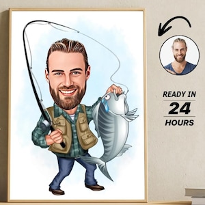 Personalized Fisherman Cartoon Portrait, Custom Fisherman Caricature Drawing from Photo, Funny Fisherman Caricature, Gift for Fisherman