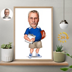 Custom Rugby Coach Cartoon Portrait Drawing from Photo, Gift for Rugby Coach, Rugby Coach Retirement Gift, Rugby Coach Caricature Drawing