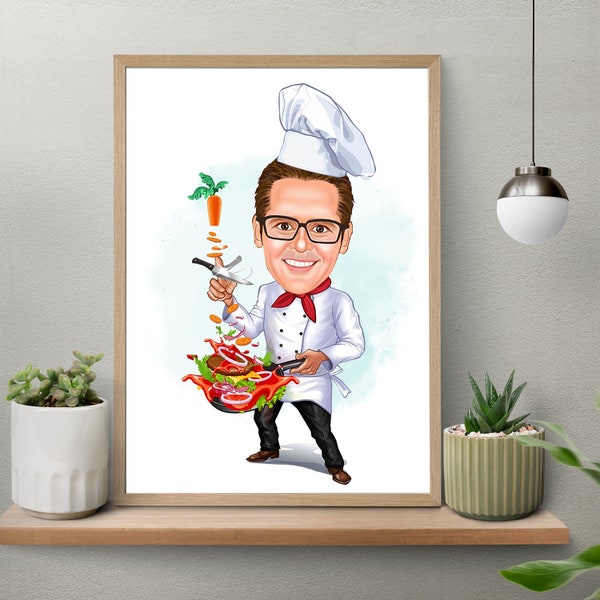 Chef Gift for Men, Male Chef Caricature from Photo, Funny Chef Art, Funny Chef Gift Portrait, Unique Chef Cartoon Drawing, Chef Gift for Him